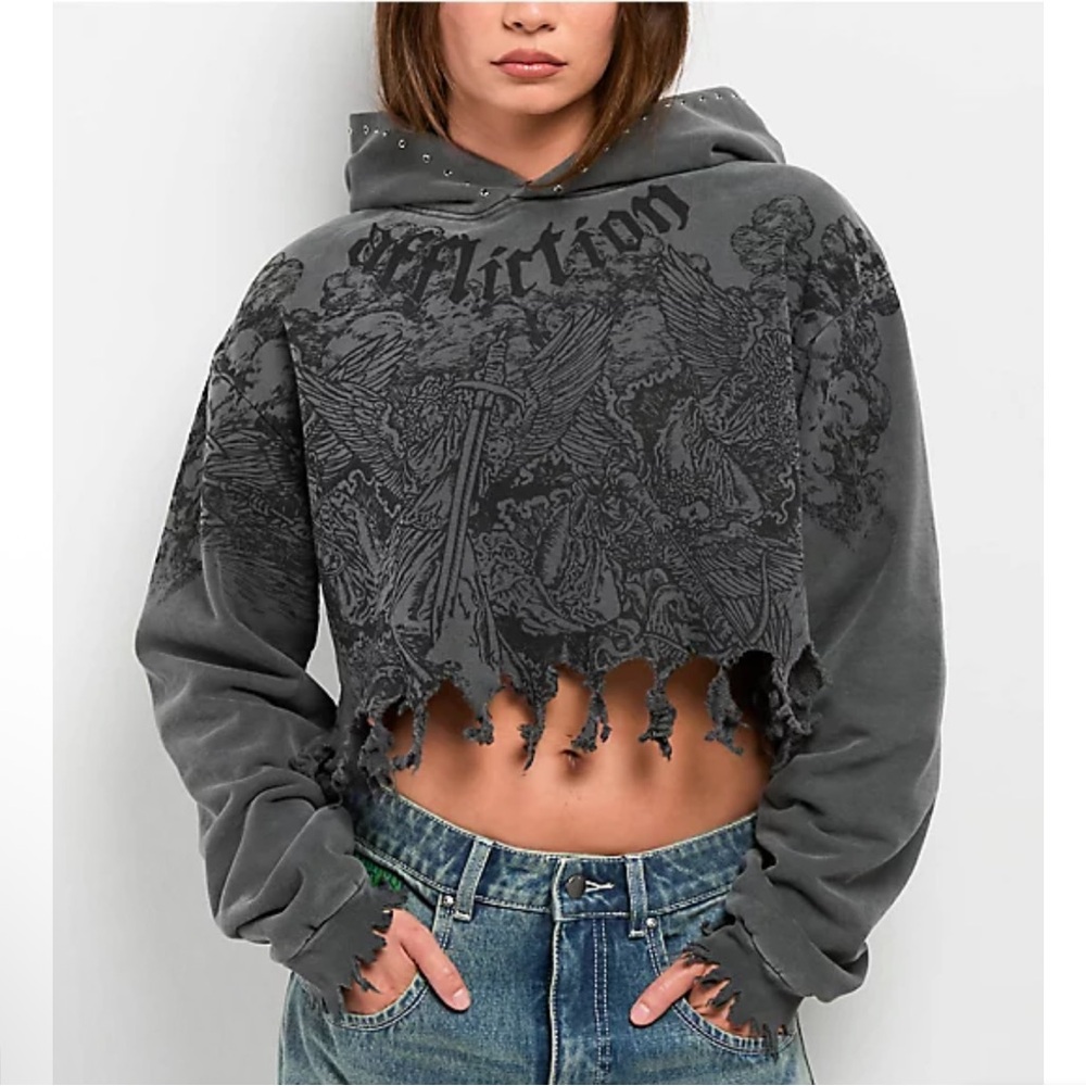 Affliction Angels Distressed Grey Wash Boxy Crop Hoodie